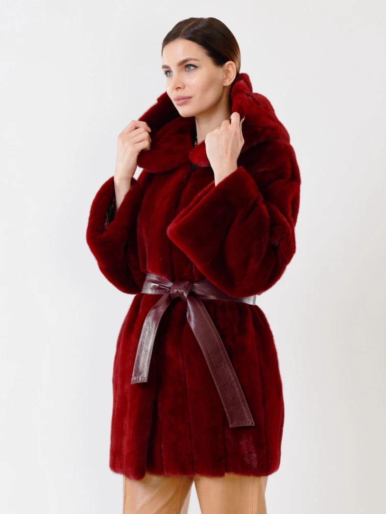 Куртка из меха норки с капюшоном женская 281(к), бордовая, размер 46, артикул 32710-1