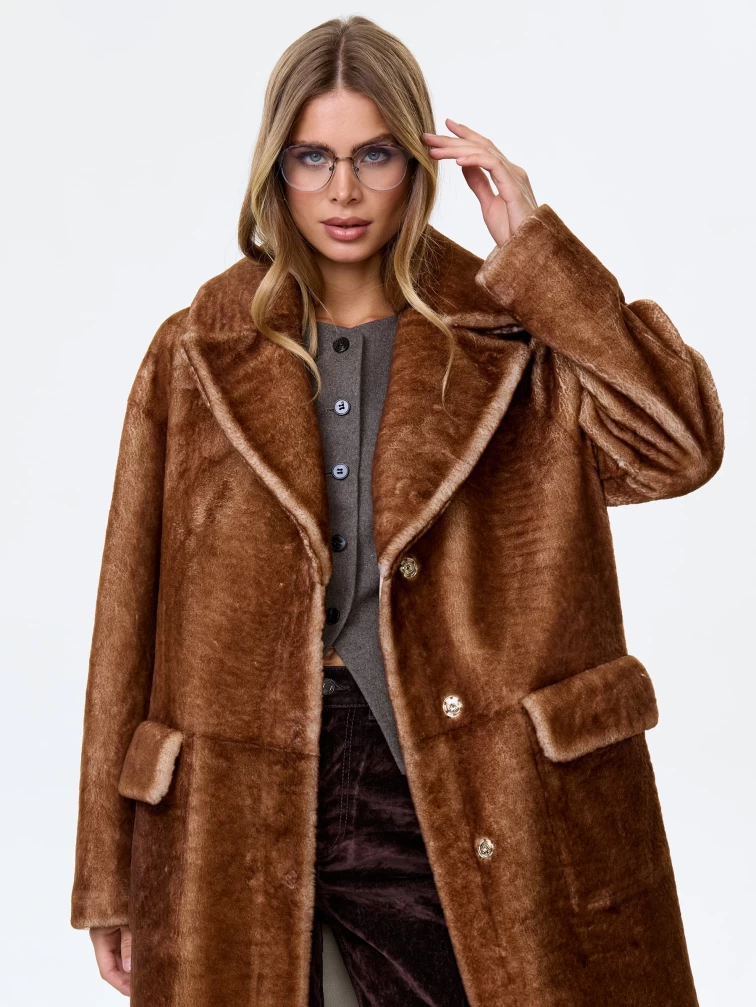 Длинная женская дубленка из астрагана премиум класса 2053, коричневая, размер 48, артикул 64150-1