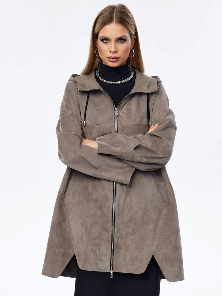 Замшевый плащ оверсайз с капюшоном для женщин премиум класса 3059з, серый, размер 52, артикул 23570-2