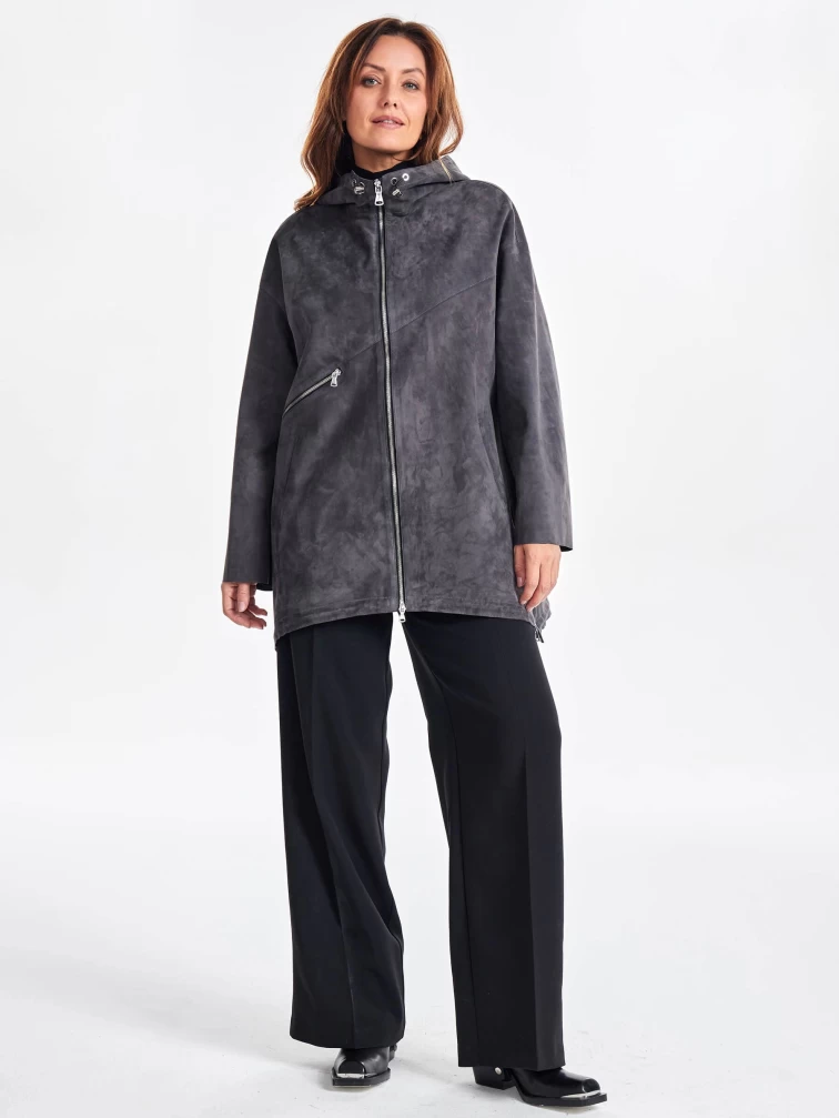 Замшевый женский плащ оверсайз на молнии с капюшоном премиум класса 3053з, темно-серый, размер 48, артикул 23480-3