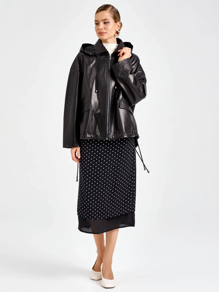 Черная женская кожаная куртка с капюшоном премиум класса 3102, размер 48, артикул 92210-7