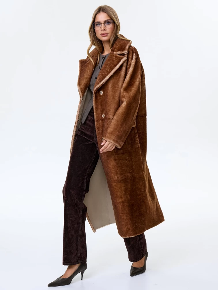 Длинное женское пальто из натуральной овчины астрагана премиум класса 2053, коричневое, размер 48, артикул 64370-3