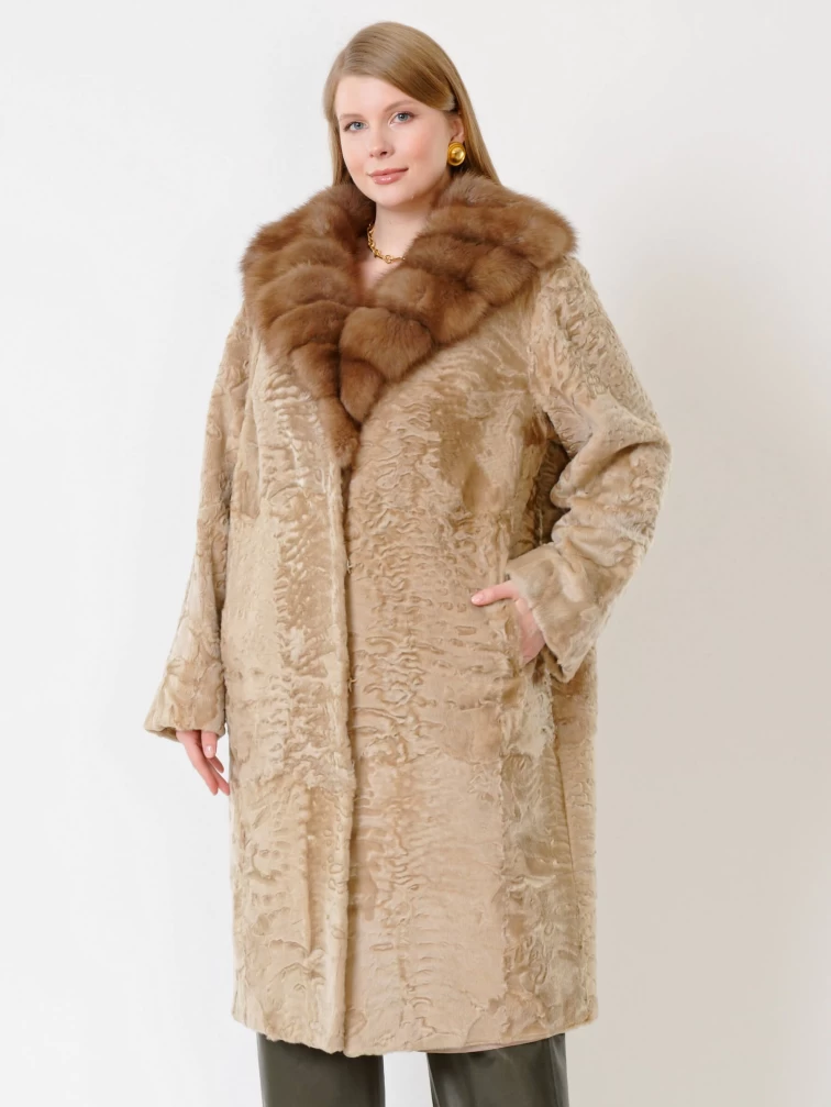 Зимний комплект женский: Шуба из каракуля Екатерина(вк) + Брюки 06, жемчужный/оливковый, р. 54, арт. 111327-1