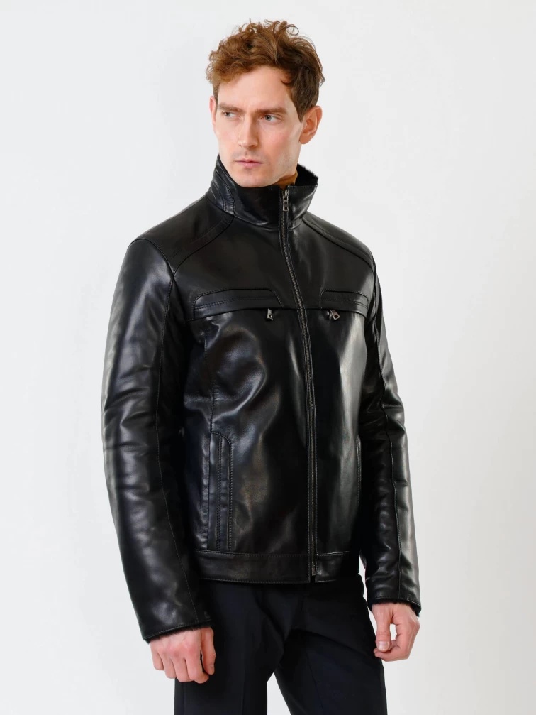 Кожаная зимняя мужская куртка на подстежке из овчины 516, черная, размер 46, артикул 40850-0