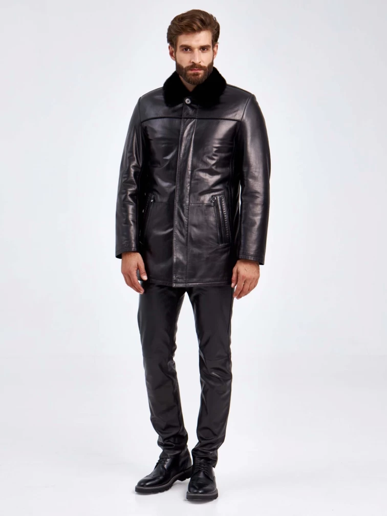 Кожаная куртка зимняя на подкладке из овчины с воротником из меха норки для мужчин 5796, черная, размер 46, артикул 29450-1
