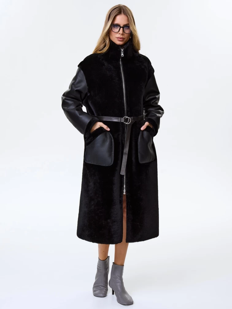 Длинное женское пальто из натуральной овчины премиум класса 2050, черное, размер 46, артикул 64310-4