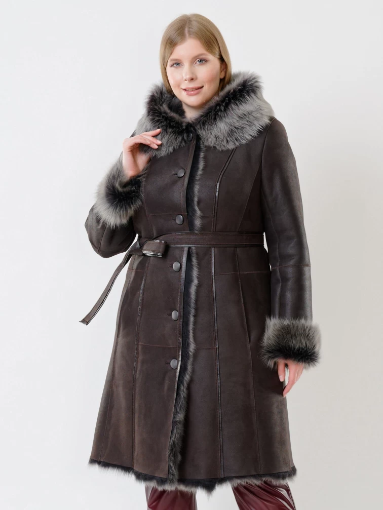 Длинная женская дубленка из тосканы с капюшоном 123нк, коричневая, размер 56, артикул 62082-0