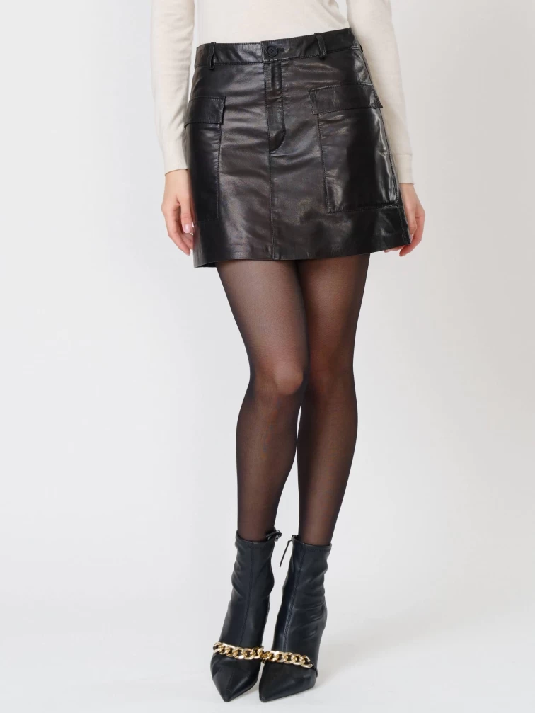 Черная кожаная мини юбка 03, размер 42, артикул 85340-4