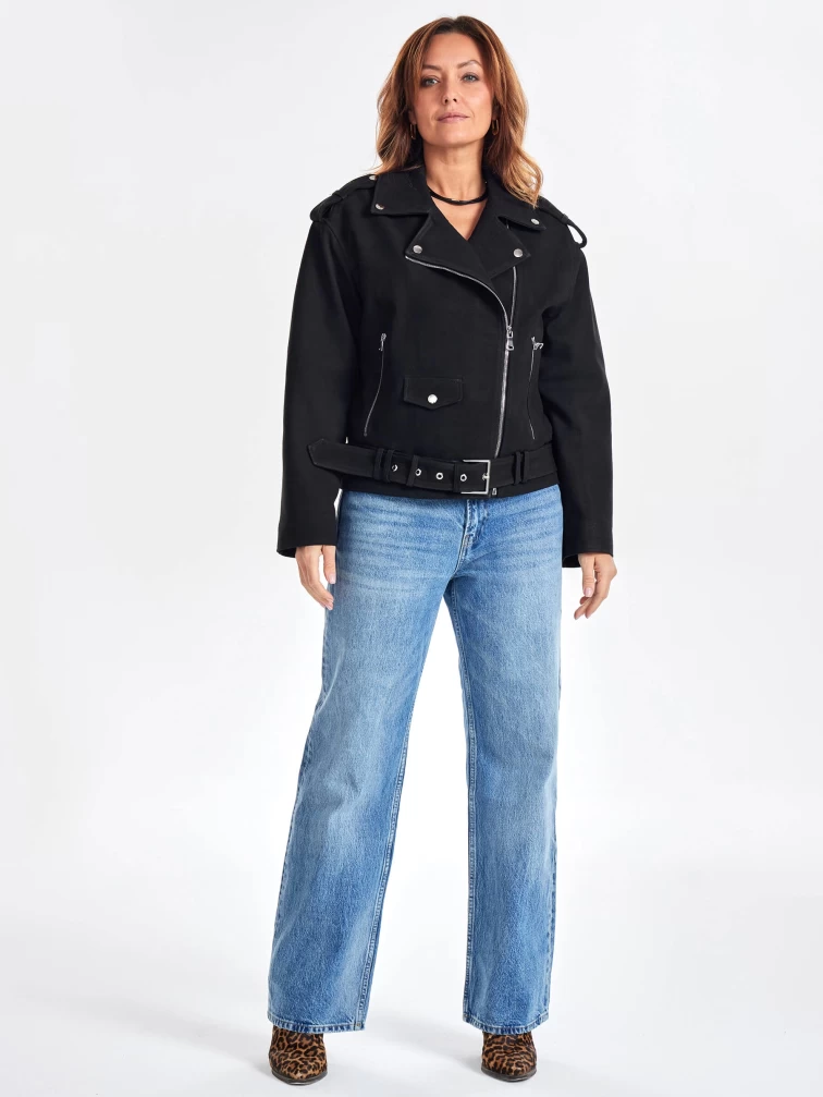 Короткая кожаная куртка косуха с поясом для женщин премиум класса 3052, черная, размер 48, артикул 23440-0