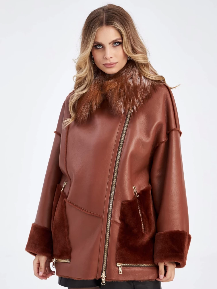 Короткая дубленка оверсайз с воротником лисицы премиум класса для женщин 2042, виски, размер 42, артикул 63190-6