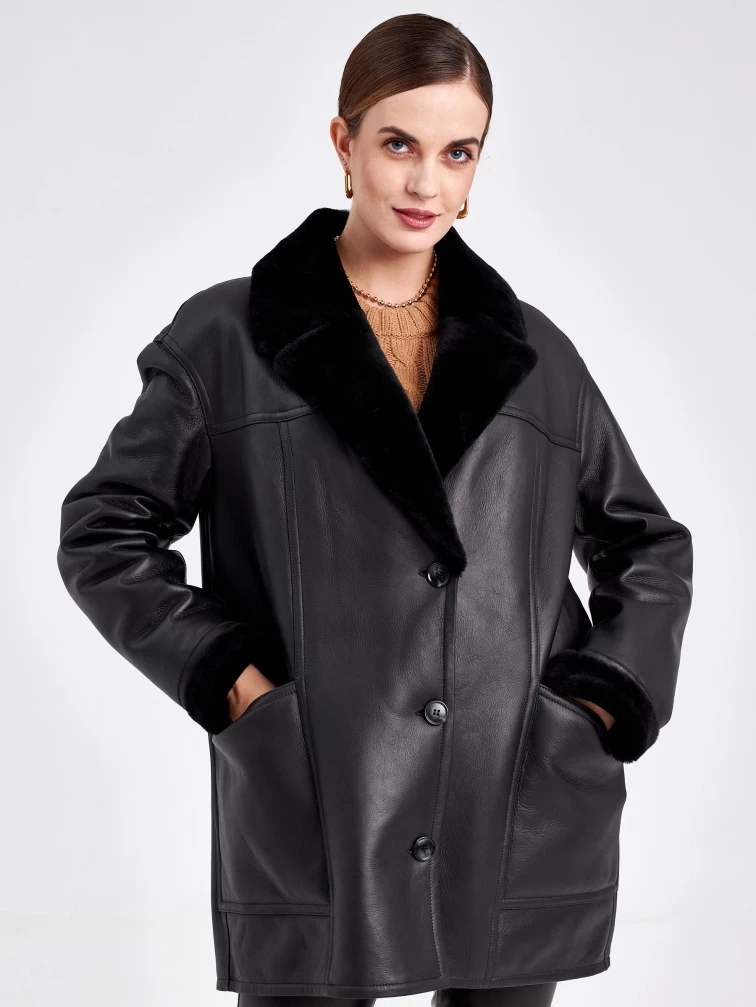 Женская куртка пиджак из меховой овчины с поясом премиум класса 2011, черная, размер 48, артикул 63590-4