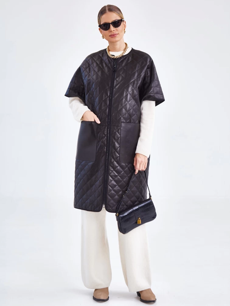 Кожаный женский стеганый жилет премиум класса 07, черный, размер 44, артикул 91971-4