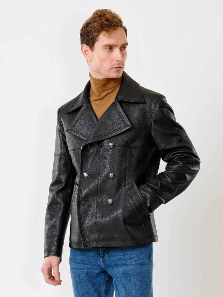 Двубортная мужская кожаная куртка Клуб, черная, размер 48, артикул 28400-6