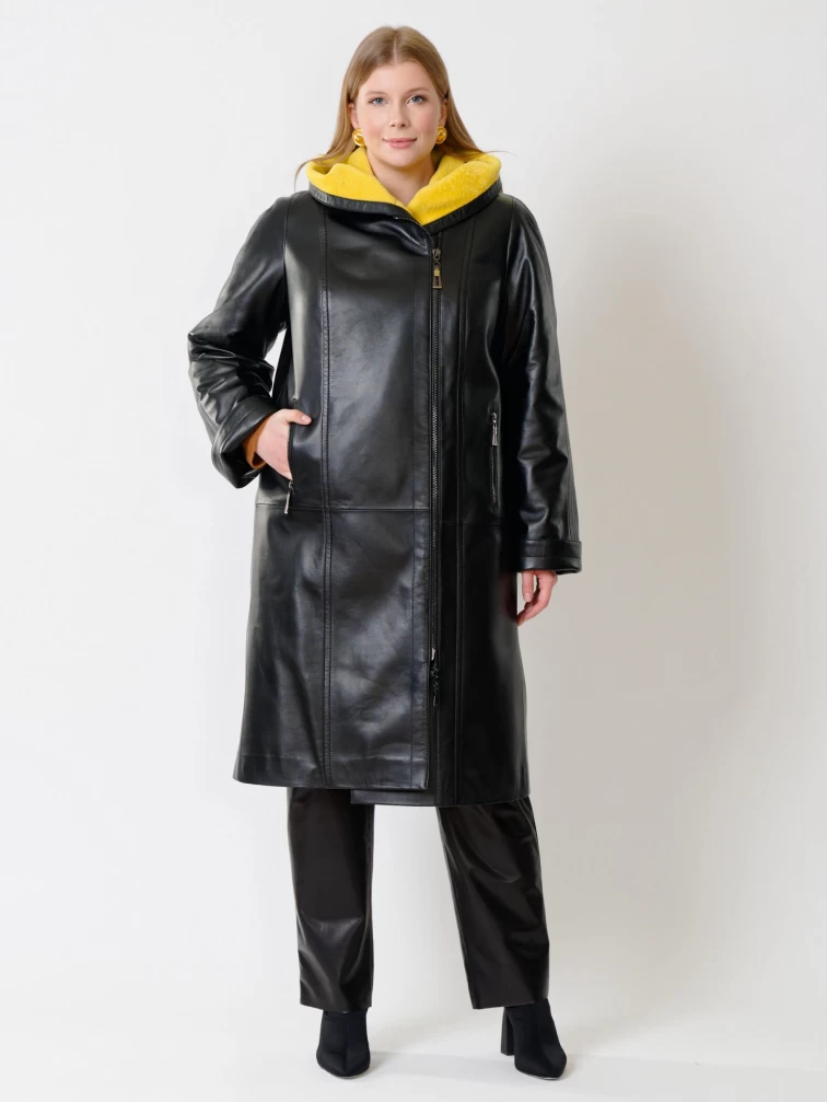 Кожаное женское пальто с капюшоном на подстежке из астрагана премиум класса 3011, черное, размер 50, артикул 25650-0