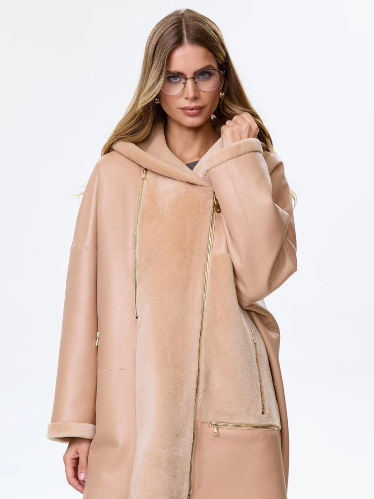 Молодежное полупальто из натуральной овчины для женщин с капюшоном премиум класса 2056, бежевое, размер 52, артикул 64350-4