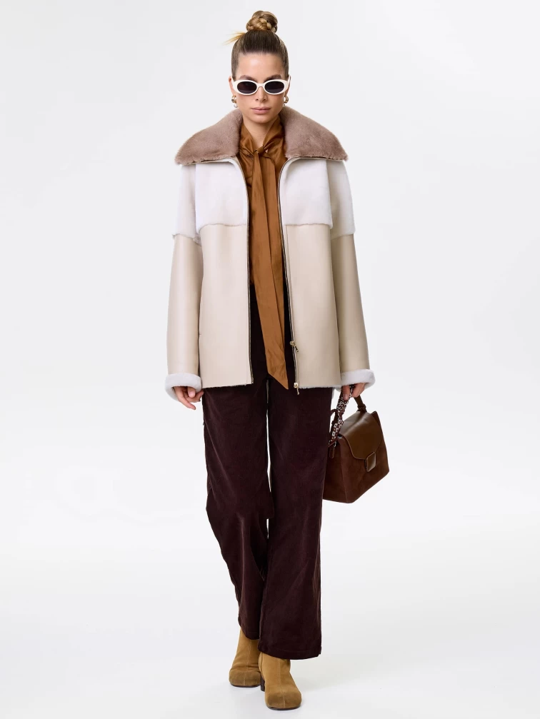 Короткая женская дубленка с норковым воротником премиум класса 2034, бежевая, размер 52, артикул 64180-1