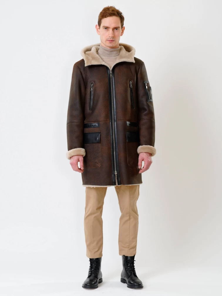 Длинная мужская дубленка с капюшоном премиум класса 429, коричневая, размер 48, артикул 70651-3
