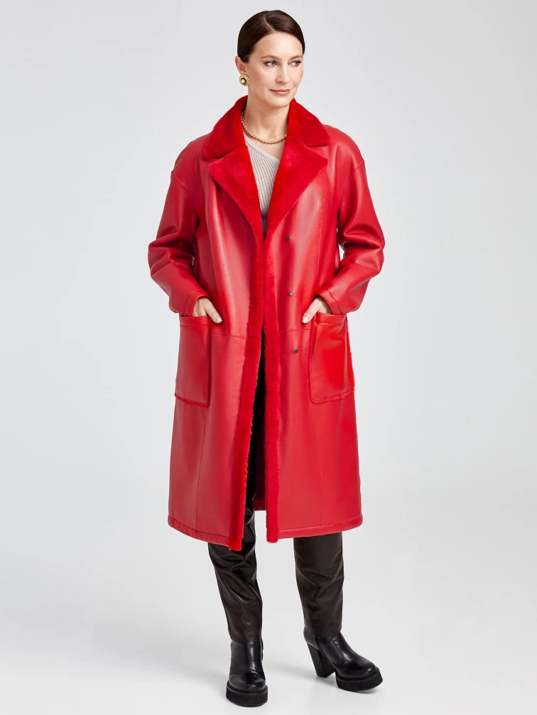 Длинная женская дубленка оверсайз премиум класса 2002, красная, размер 48, артикул 62442-3