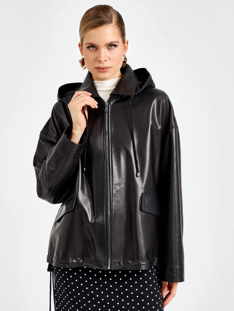 Черная женская кожаная куртка с капюшоном премиум класса 3102, размер 48, артикул 92210-2