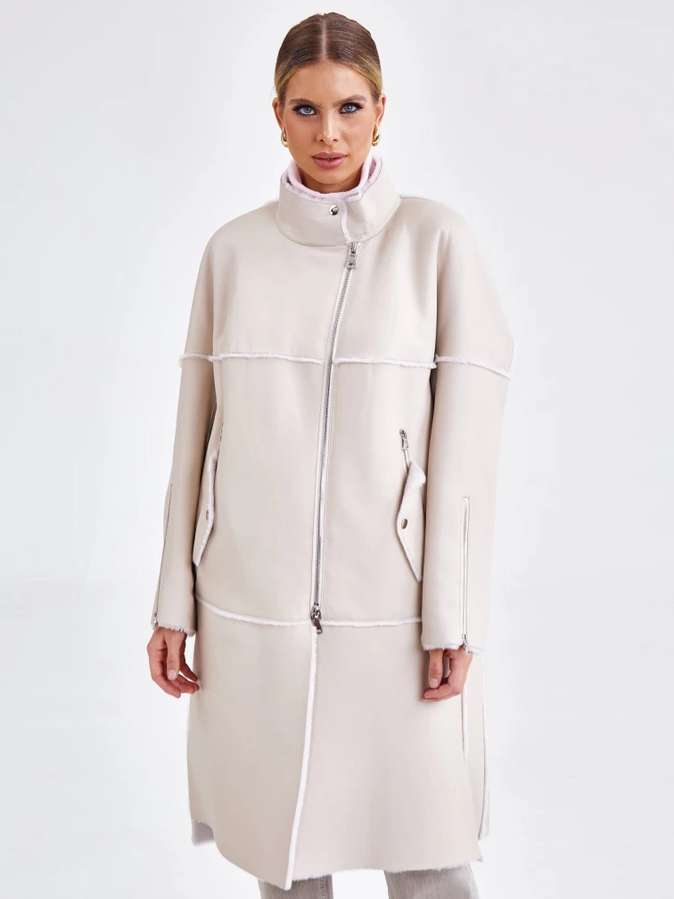 Молодежное женское пальто из натуральной овчины премиум класса 2029, бежевое, размер 54, артикул 63920-2