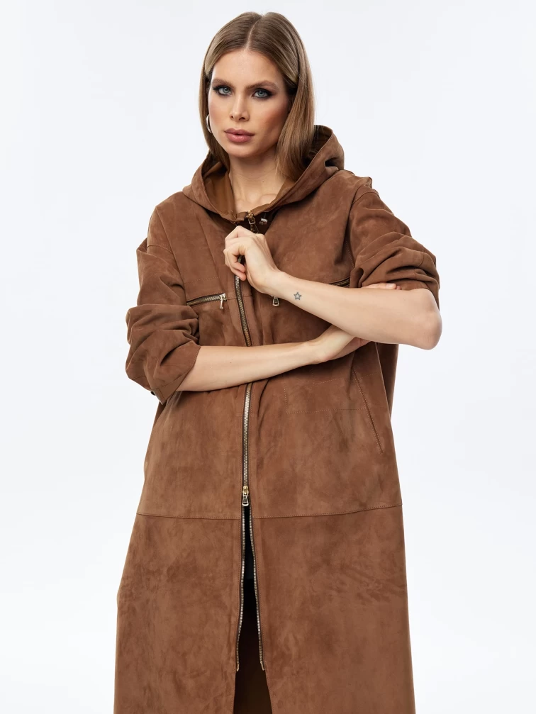 Длинный замшевый женский плащ оверсайз с капюшоном на молнии премиум класса 3058з, светло-коричневый, размер 52, артикул 23560-5