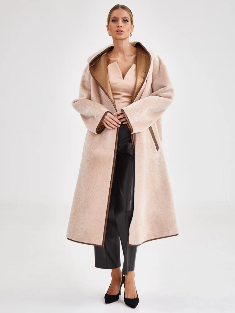 Женская двусторонняя дубленка халат с капюшоном премиум класса 2001/2, бежевая, размер 44, артикул 62421-1