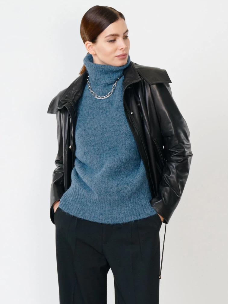 Кожаная женская куртка бомбер с капюшоном 305, черная, размер 46, артикул 90820-5