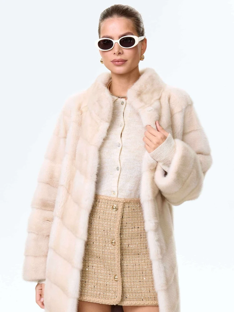 Поперечная женская норковая шуба премиум класса София(с), жемчужная, размер 50, артикул 34110-6