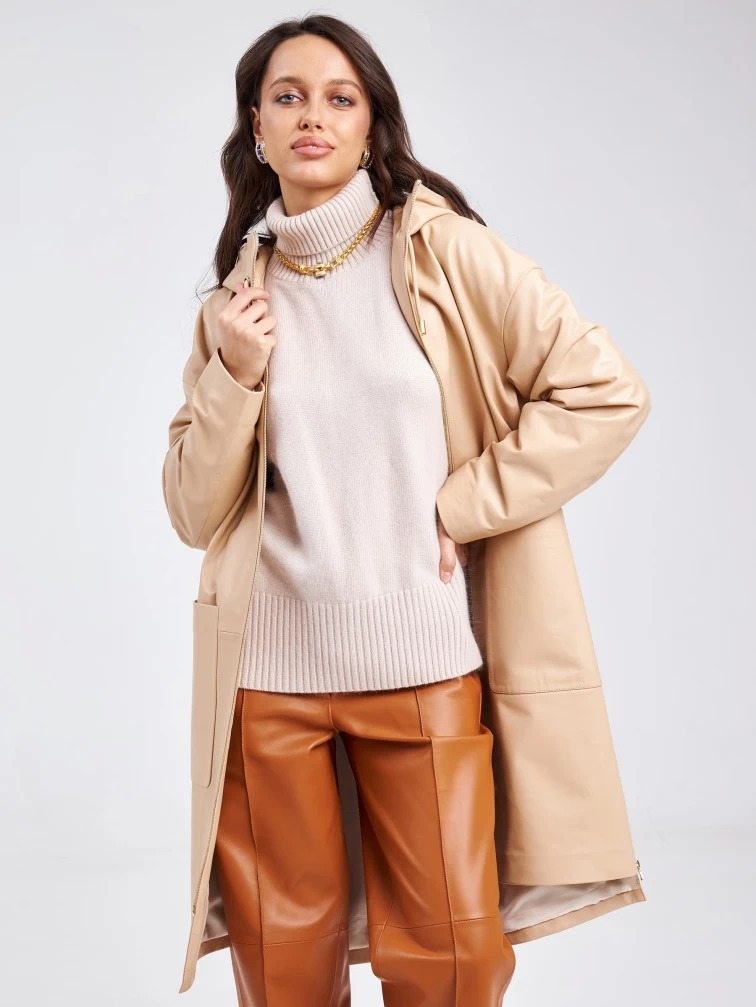 Кожаный женский плащ с капюшоном на молнии премиум класса 3034, бежевый, размер 48, артикул 91940-4