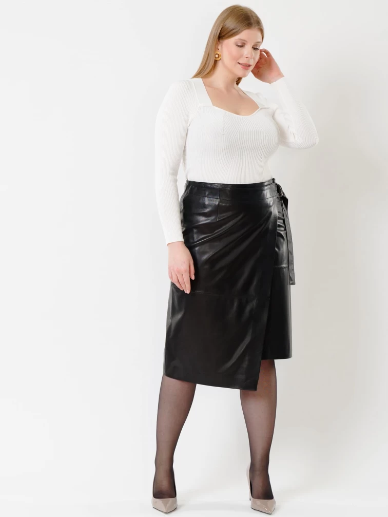 Кожаная юбка миди с запахом 07, черная, размер 44, артикул 85432-6