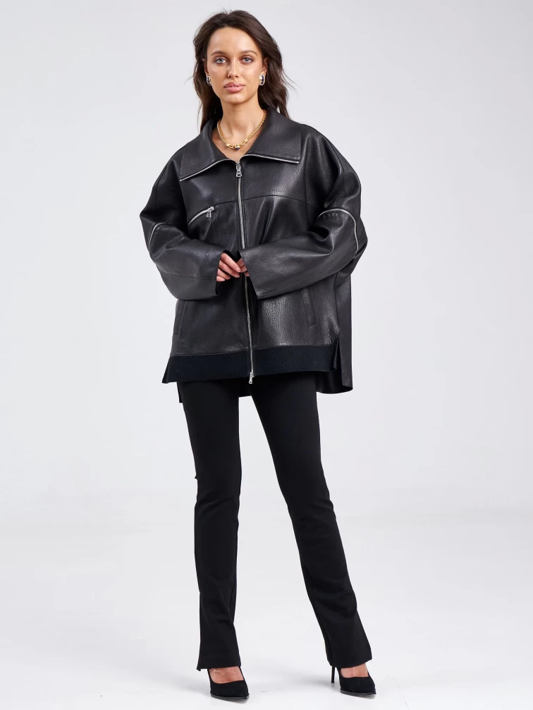 Кожаная женская куртка оверсайз на резинке премиум класса 3031, черная, размер 50, артикул 23210-6