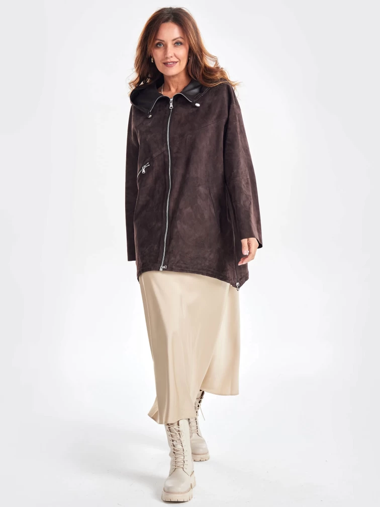 Замшевый женский плащ оверсайз на молнии с капюшоном премиум класса 3053з, коричневый, размер 48, артикул 23470-5