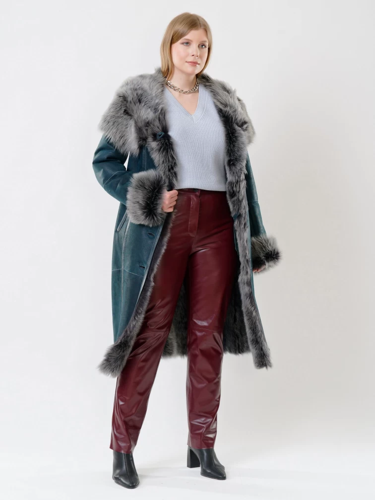 Длинная дубленка из тосканы с капюшоном для женщин 132, синяя, размер 44, артикул 62110-1