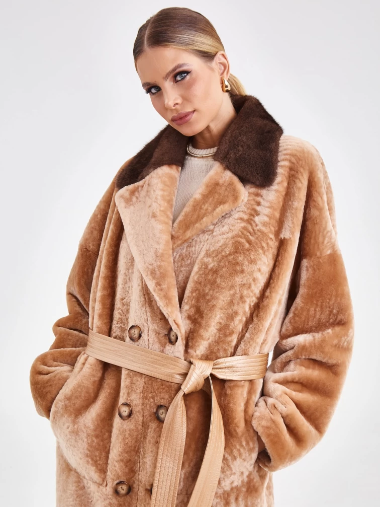 Двусторонняя двубортная женская шуба из астрагана с мехом норки премиум класса 2017, бежевая, размер 44, артикул 62800-5