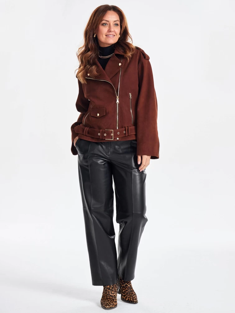 Короткая кожаная куртка косуха с поясом для женщин премиум класса 3052, виски, размер 46, артикул 23450-5