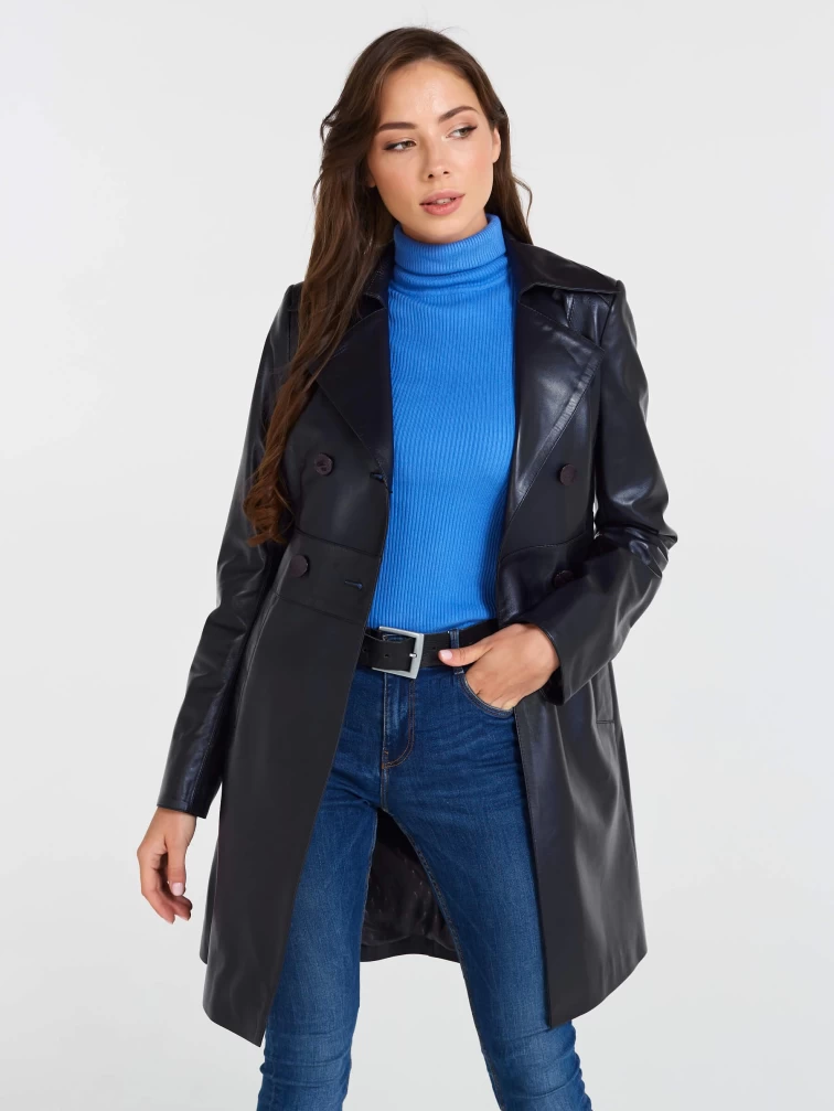 Кожаный двубортный женский плащ с поясом 338, синий перламутр, размер 46, артикул 90460-0