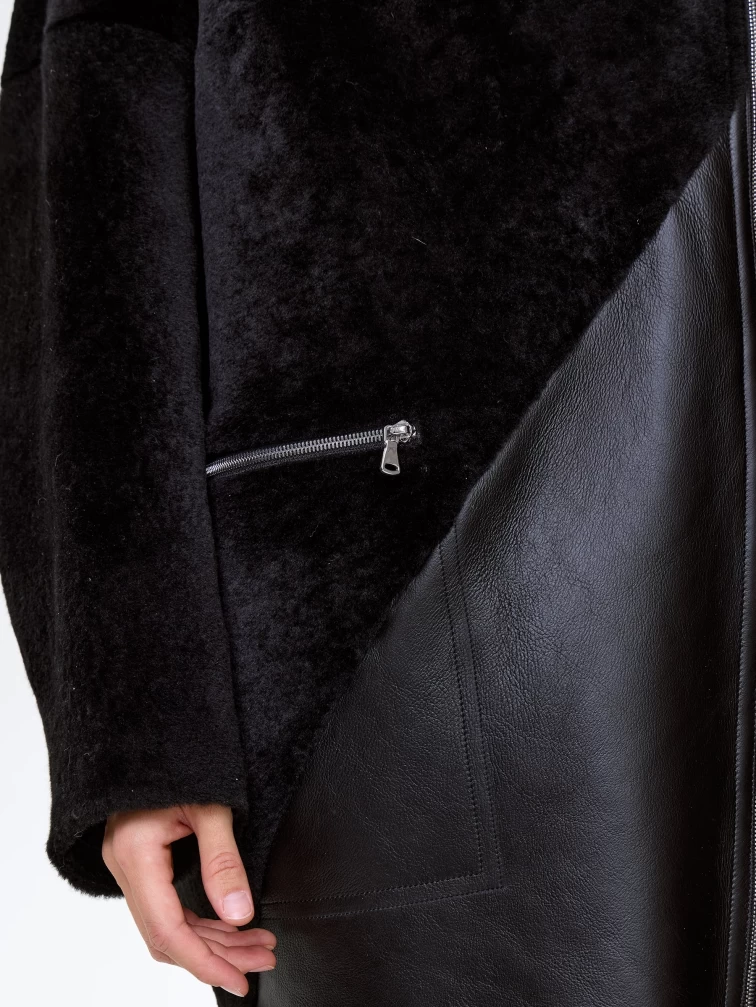 Женское полупальто оверсайз из натуральной овчины с капюшоном премиум класса 2055, черное, размер 50, артикул 64270-3