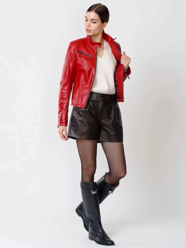 Кожаный комплект женский: Куртка 399 + Шорты 01, красный/черный, р. 44, арт. 111207-6