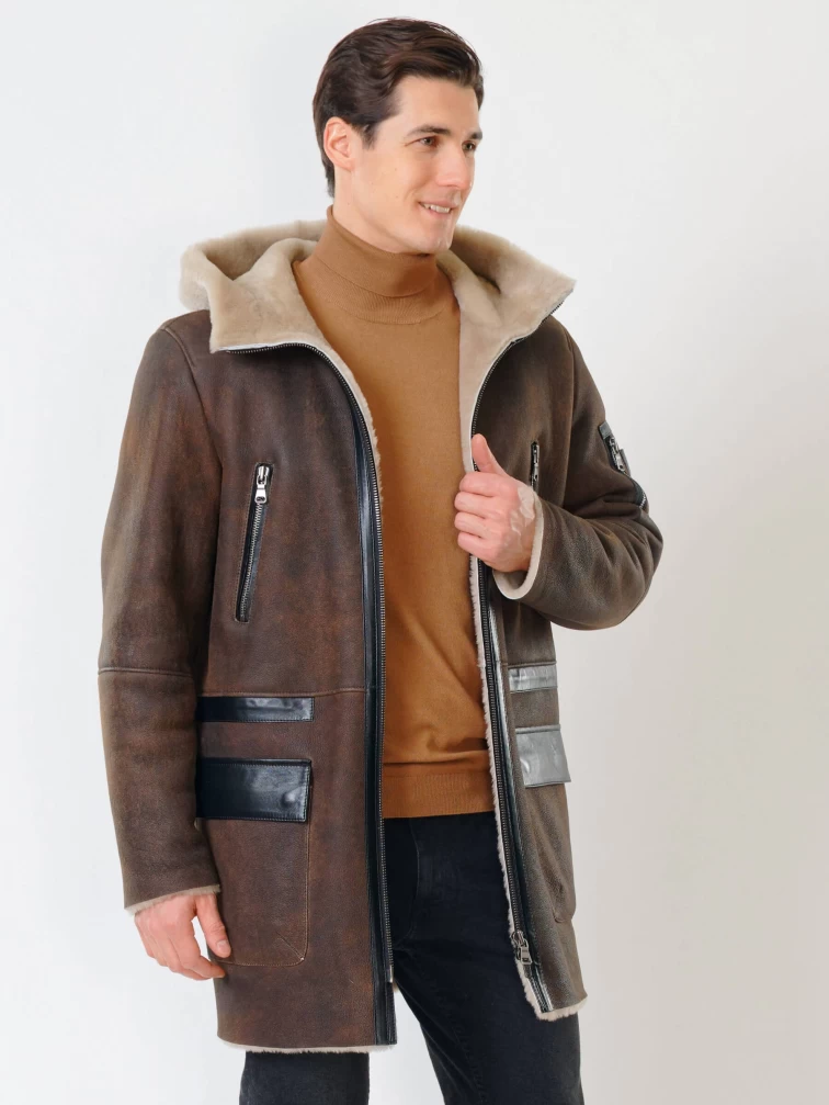 Длинная мужская дубленка с капюшоном премиум класса 429, коричневая, размер 48, артикул 70560-0