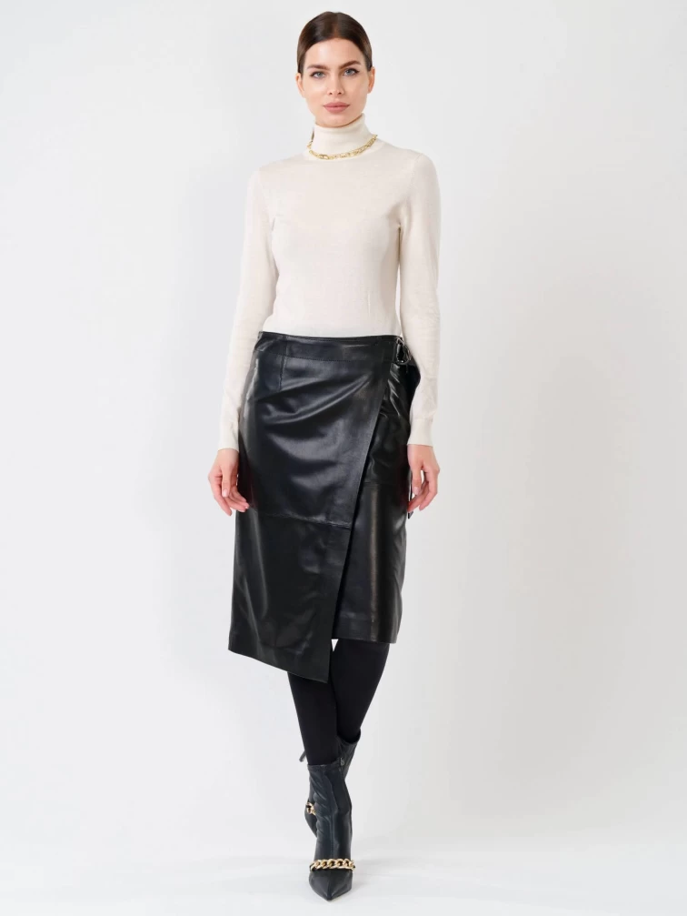 Кожаная юбка миди с запахом 07, черная, размер 44, артикул 85301-0