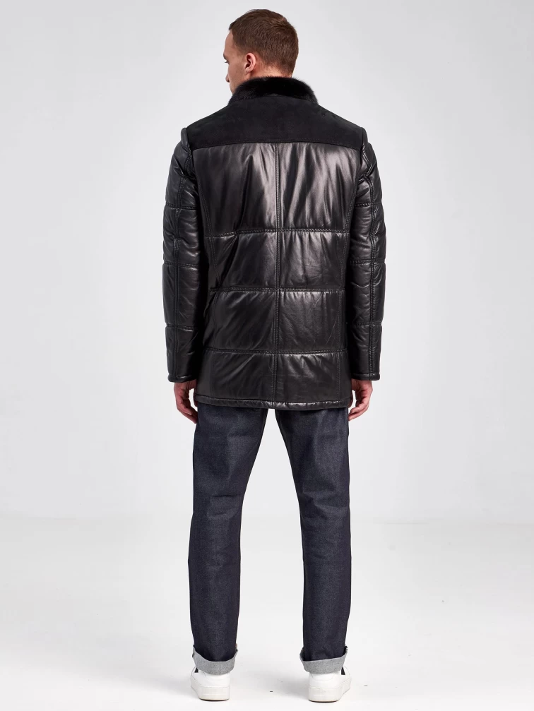 Зимний кожаный мужской пуховик с воротником меха норки 50014, черный, размер 50, артикул 40860-2