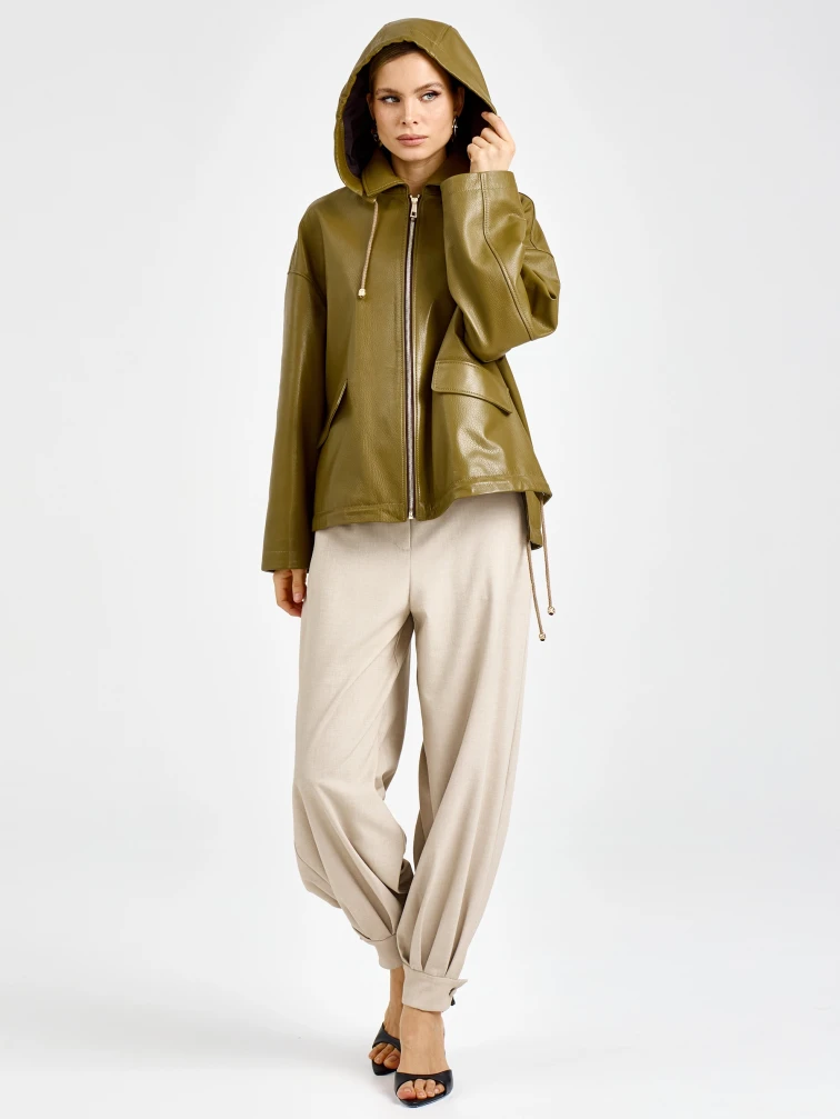 Женская кожаная куртка с капюшоном премиум класса 3102, зеленая, размер 44, артикул 92160-4