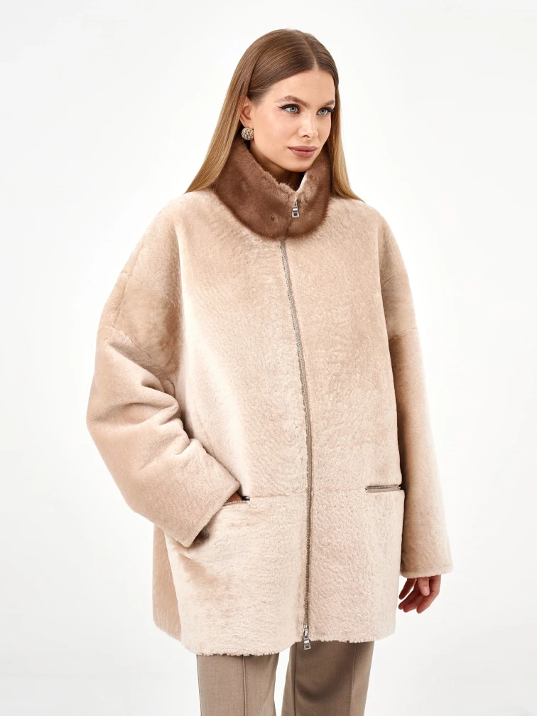 Белая дубленка из астрагана с норкой 59мех, размер 50, артикул 65130-6