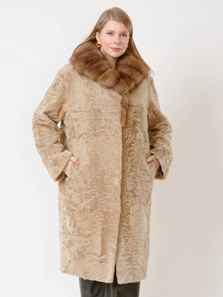 Зимний комплект женский: Шуба из каракуля Екатерина(вк) + Брюки 06, жемчужный/оливковый, р. 54, арт. 111327-3