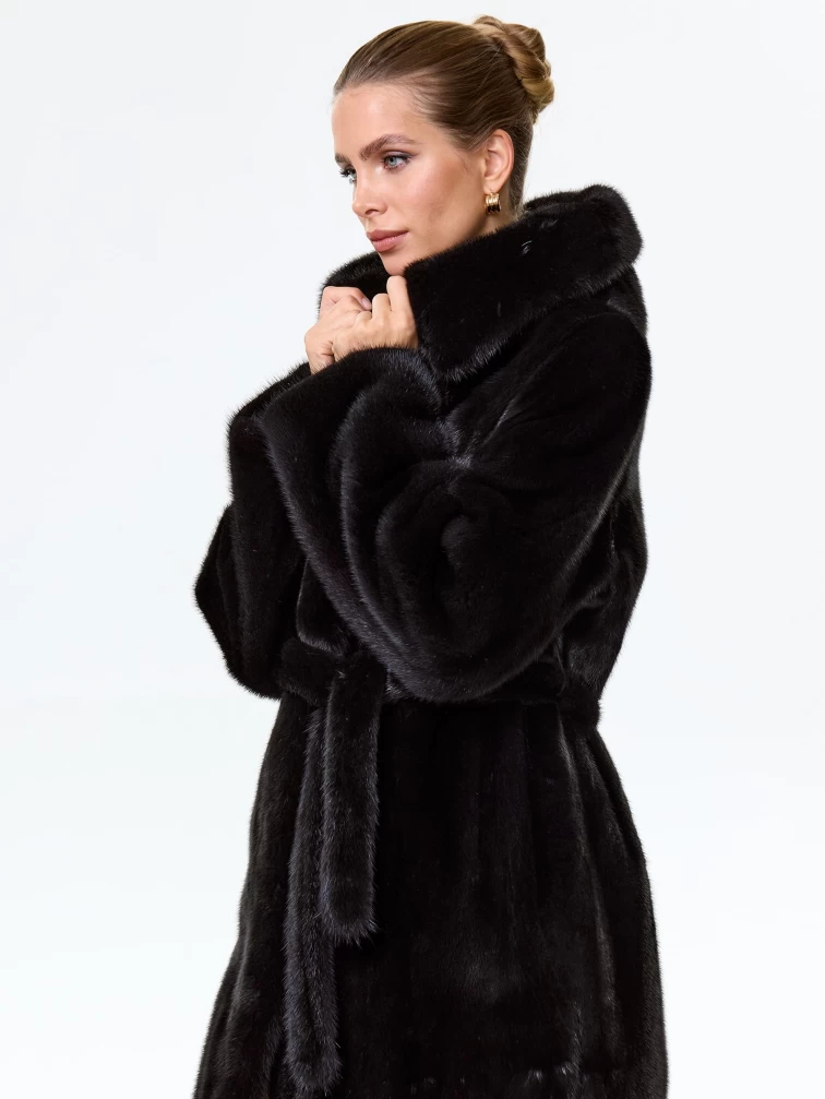 Женское норковое пальто с капюшоном премиум класса Лина, черное, размер 48, артикул 64570-4