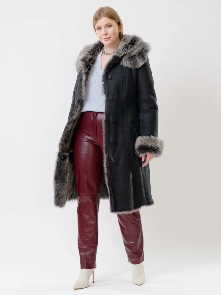 Длинная женская дубленка из тосканы с капюшоном 123нк, черная, размер 52, артикул 61132-3