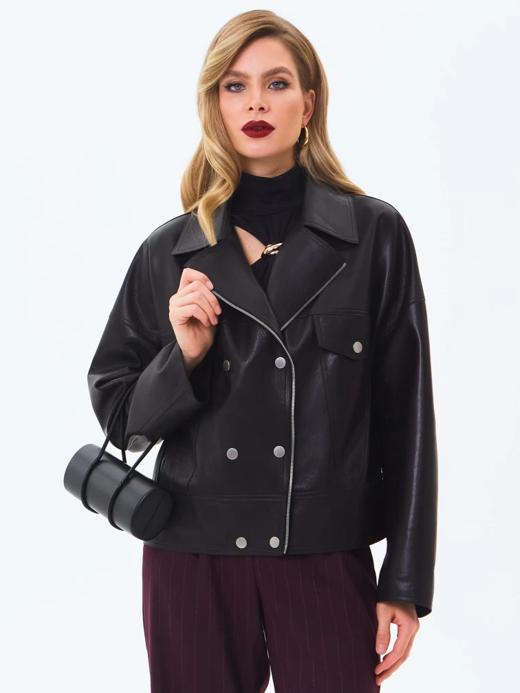 Короткая женская кожаная куртка косуха премиум класса 3085, черная, размер 46, артикул 24610-0