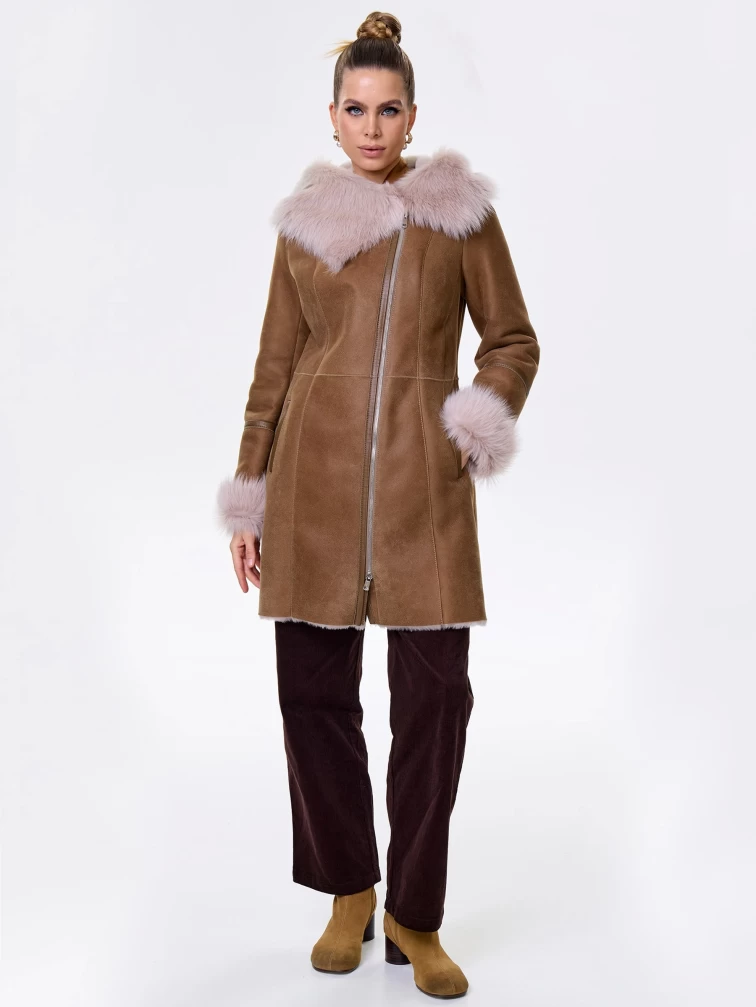 Женская дубленка косуха с капюшоном из тосканы 283, бежевая, размер 48, артикул 61832-6