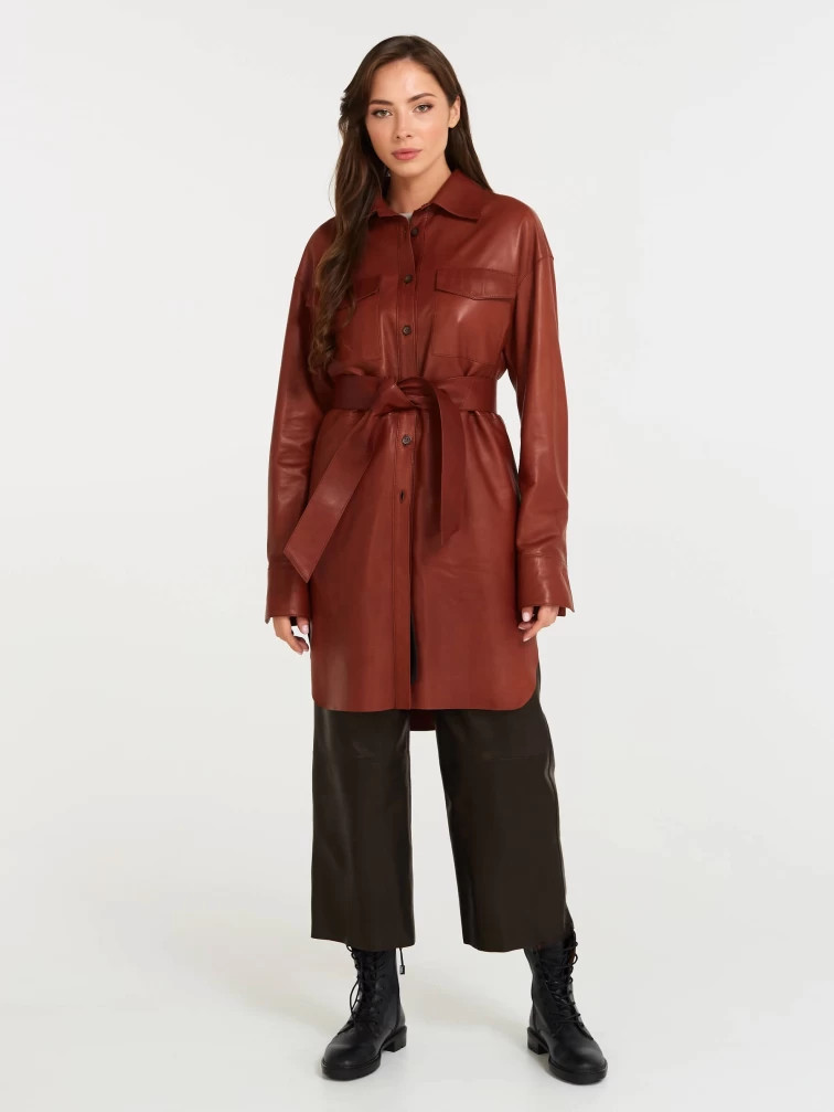 Женское кожаное платье рубашка из натуральной кожи 01, коньячное, размер 44, артикул 90540-6