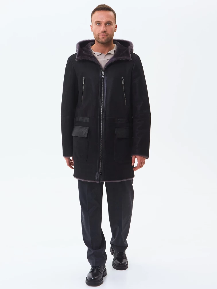 Длинная мужская дубленка с капюшоном премиум класса 429, черная, размер 48, артикул 71461-6